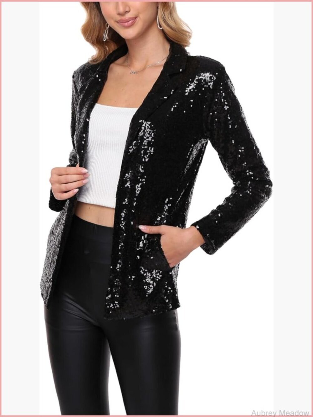 Sparkly Sequin Blazer Open Front Long Sleeve Cardigan Party Jacket with Pockets